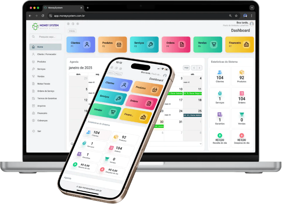 MoneySystem aberto em um notebook e em um celular, mostrando a visão geral de clientes, produtos, serviços, vendas e financeiro